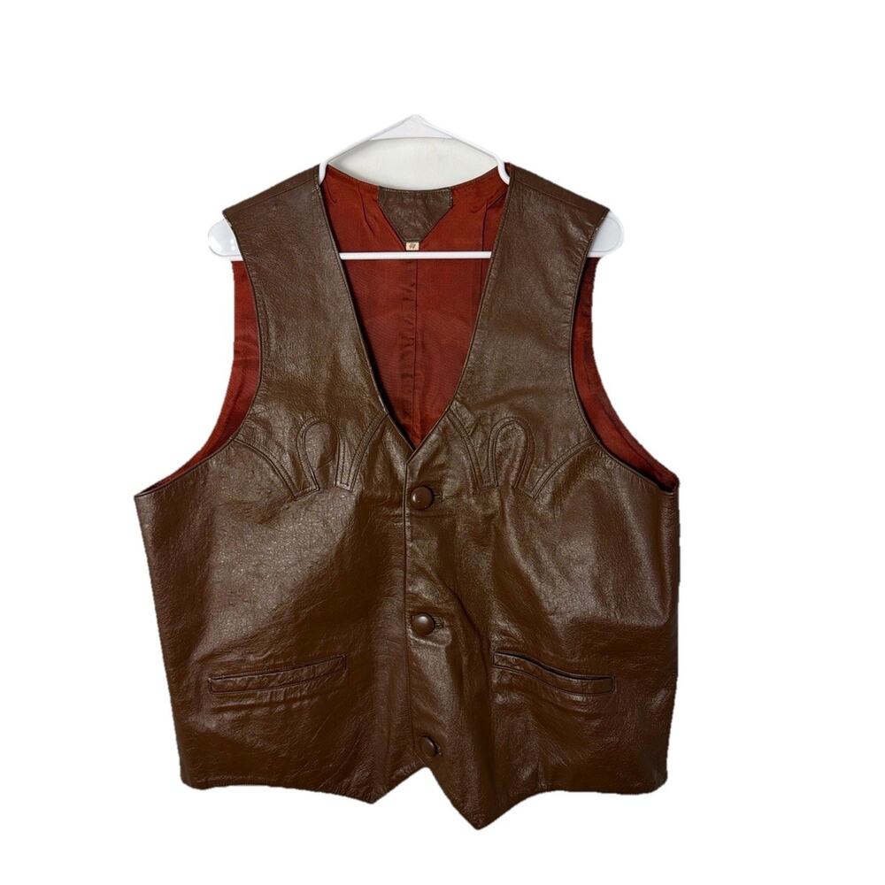 Vintage Brown Genuine Leather Western Vest Men's Size 44